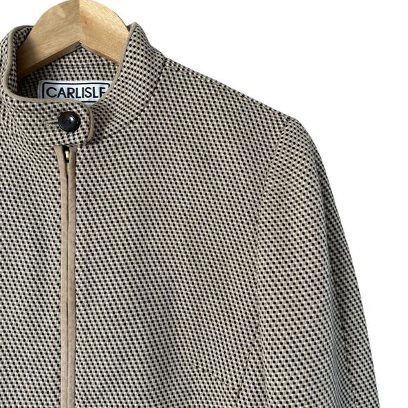 Carlisle Vintage 90s Woven Wool Blazer Jacket Tan Black High Collar Zip Up, Sz 4 - Picture 4 of 12